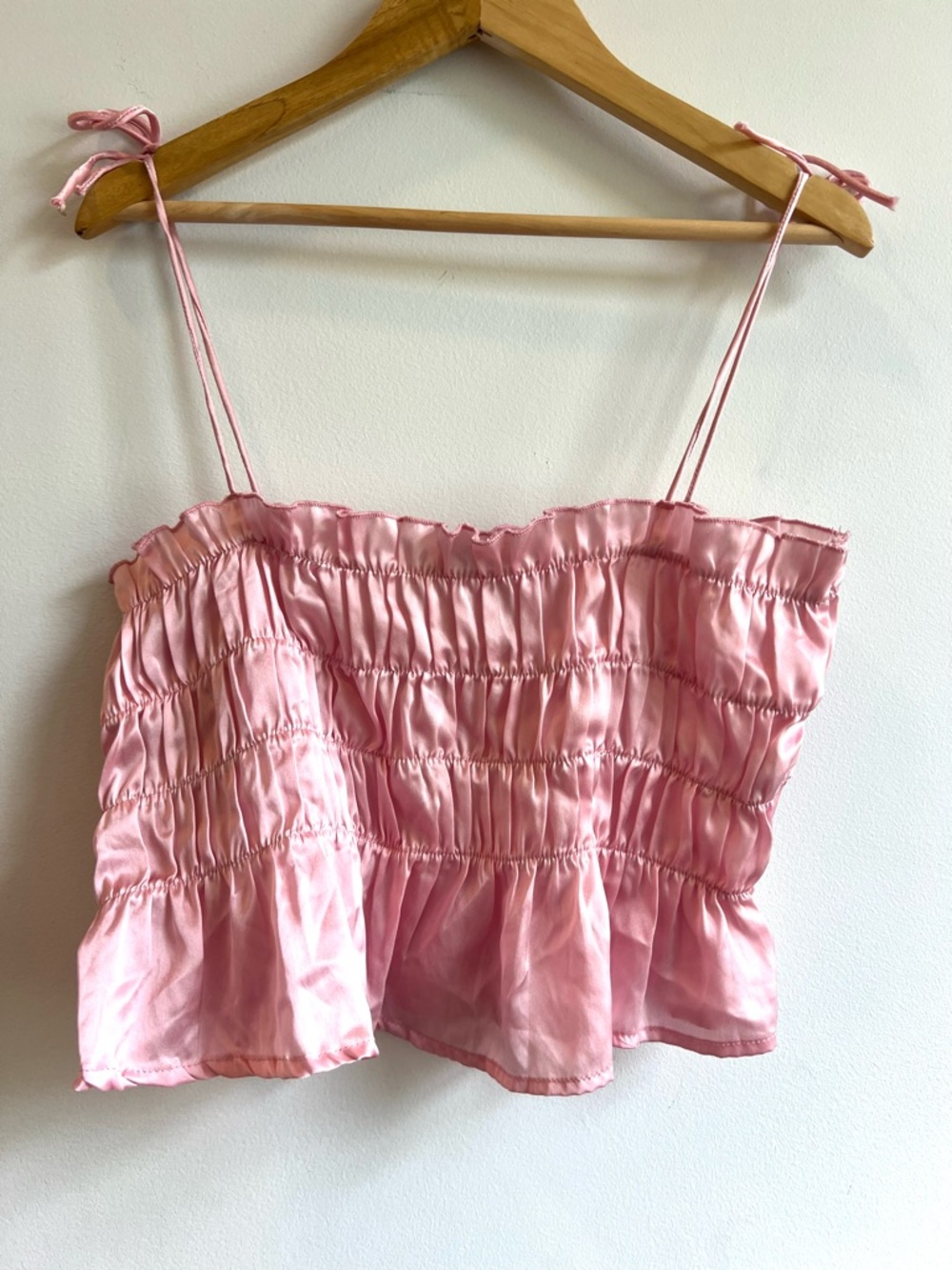 PrettyLittleThing Pink Smocked Satin Tie-Strap Crop Top